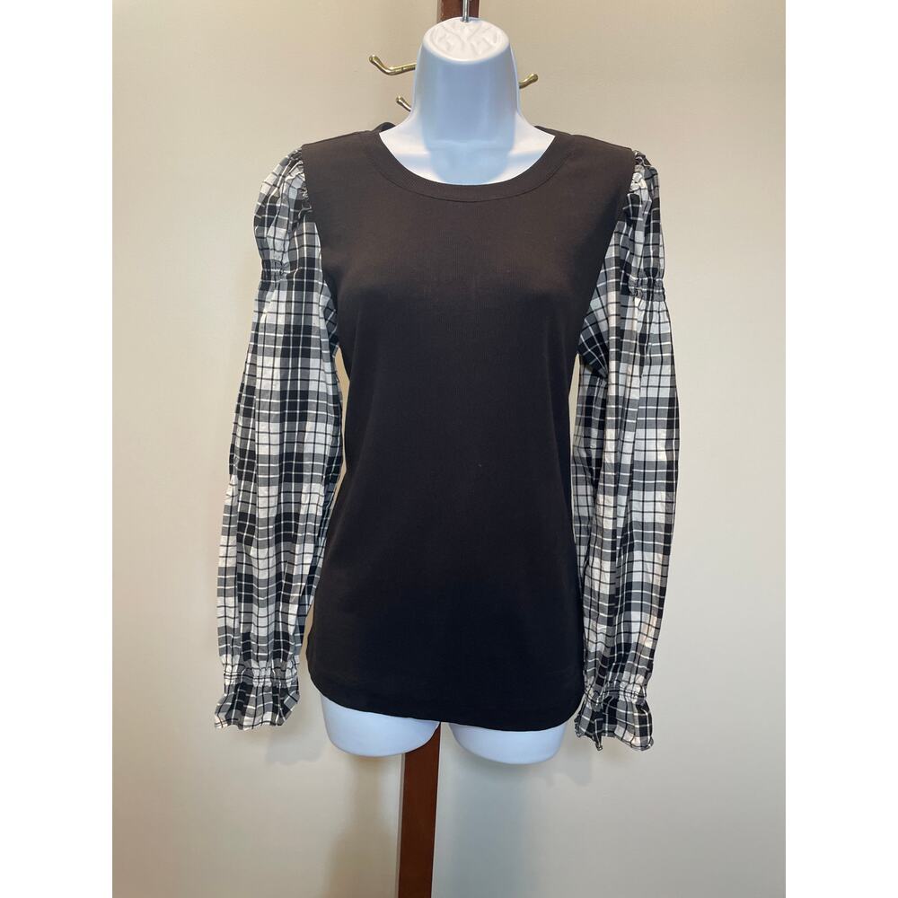 LOFT Black Knit Top Size M Plaid Puff Sleeves Cotton Blend Stretch